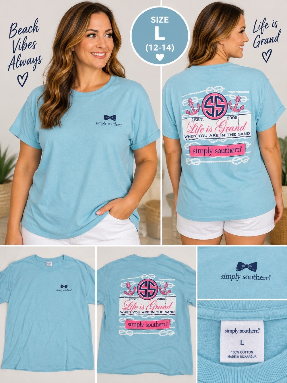 Simply southern Women's large light blue life is grand beach shirt #31